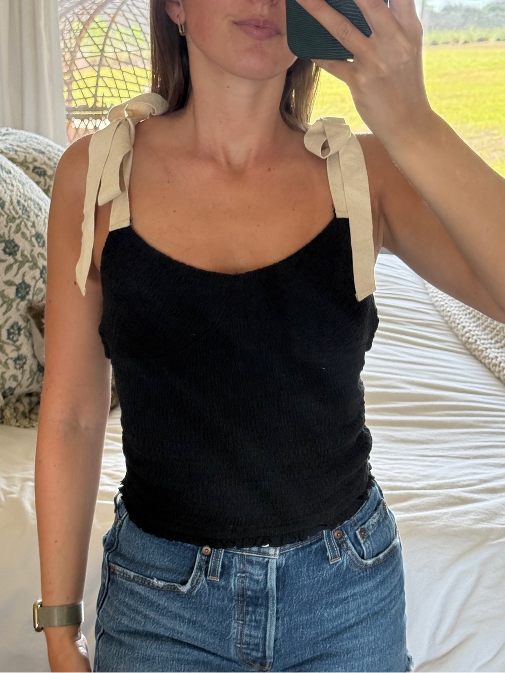 Free People Black Tie-Shoulder Tank Top